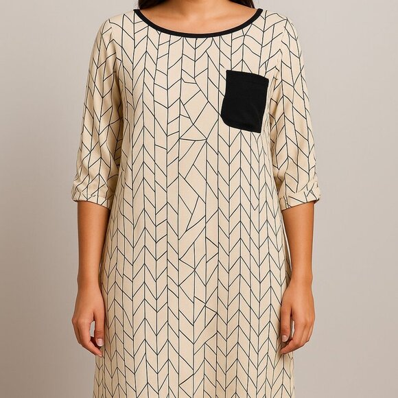 Club Monaco Navy Cream Geometric Print Shift Dress Sz 2 - Picture 1 of 5